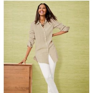 Talbots LINEN BOYFRIEND SHIRT - OATMEAL size Petite PM NEW